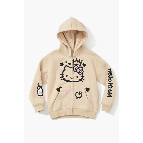 RARE Hello Kitty And Friends Forever 21 Sanrio Hoodie Khaki Graffiti Size Small - Picture 1 of 7